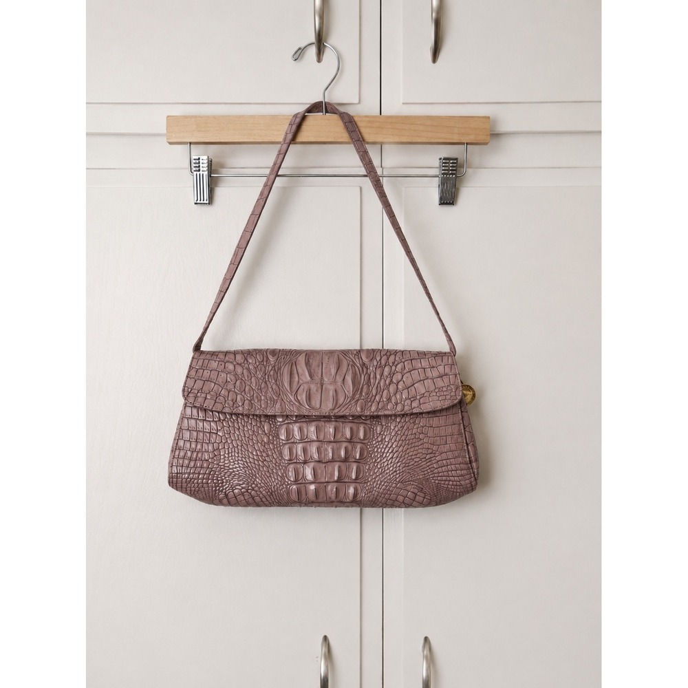 BRAHMIN Mauve Purple Croc Embossed Leather Shoulder Bag Baguette Purse Flap Top